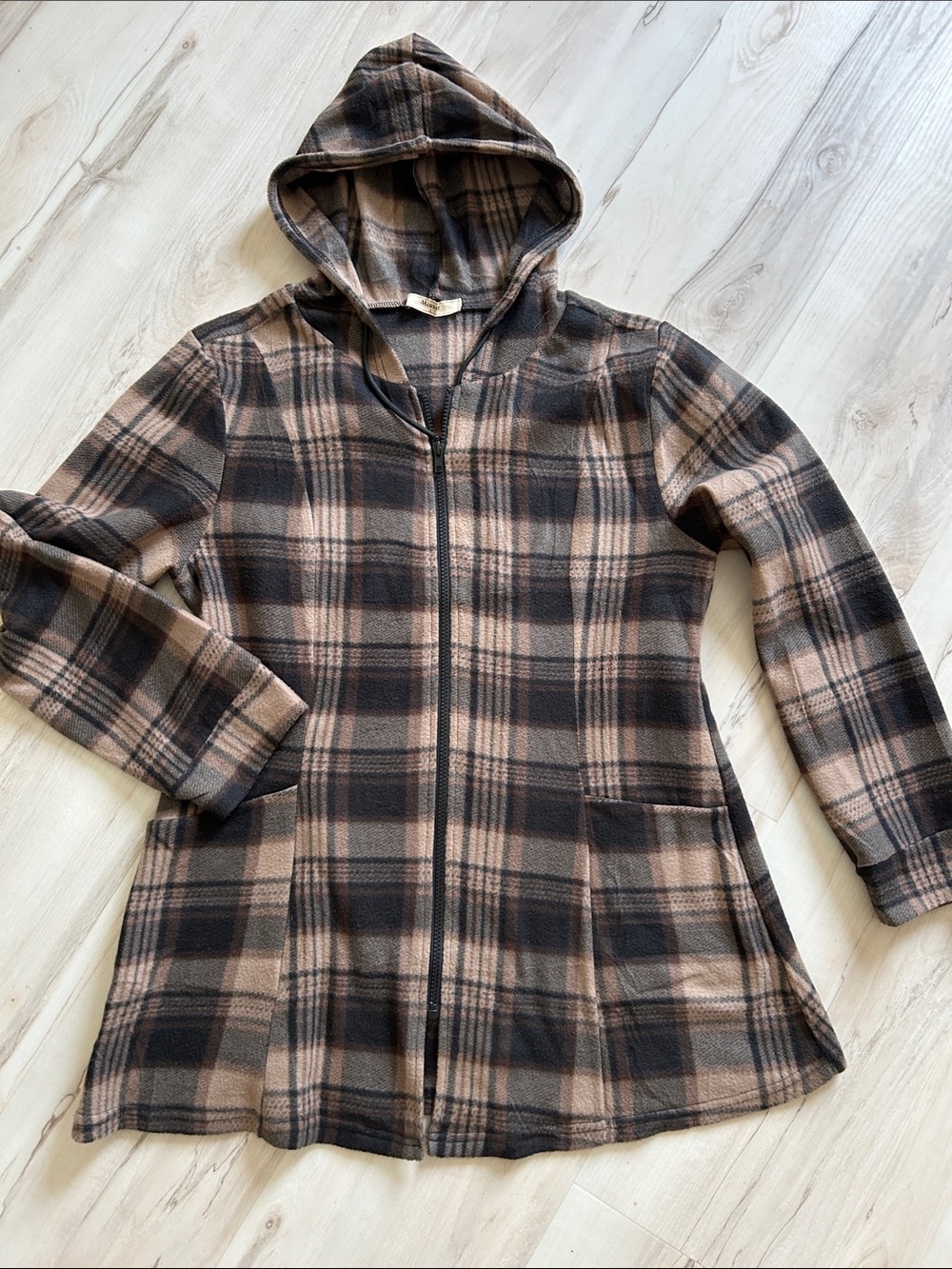 Plaid Hooded Zip-Front Fleece in Brown and Black